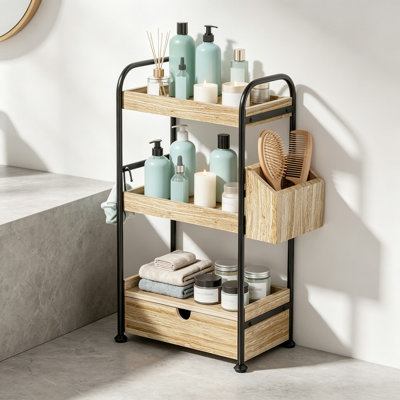 Organisateur de comptoir de salle de bain à 3 niveaux avec tiroir, étagère de rangement de meuble-lavabo en bois avec structure en métal épaissie, tablette de comptoir avec panier et crochets pour l'organisation du maquillage