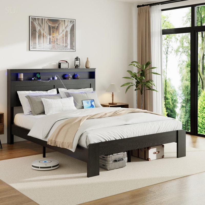 King Size Wooden Platform Bed Frame With Storage, LED Light Headboard, USB Ports, And Easy Assembly, No Box Spring Needed