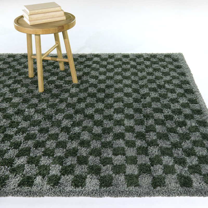 Wingate Green/Grey Checkered Shag Area Rug, Rectangle 7'10" x 10'
