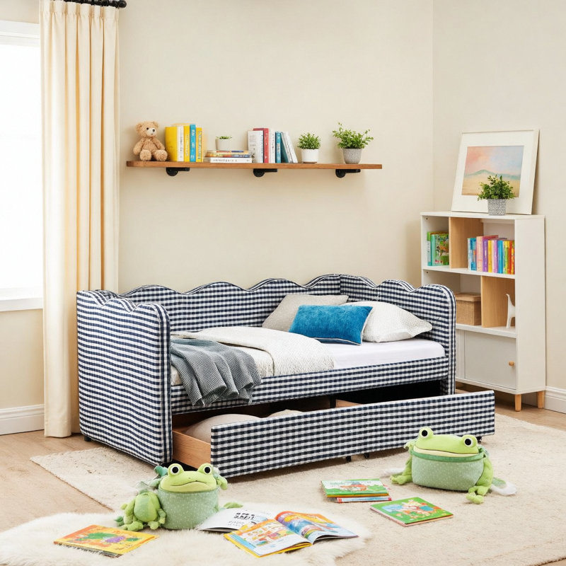 Twin Size Cozy Gingham Daybed with Two Storage Drawers, with USB Port and Adorable Wave Shaped, Linen Fabric, Black