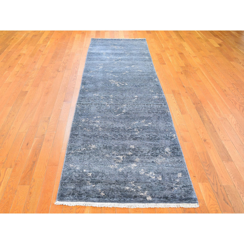 Tapis de couloir unique en soie noué à la main gris / bleu 3 pi x 11 pi 9 po
