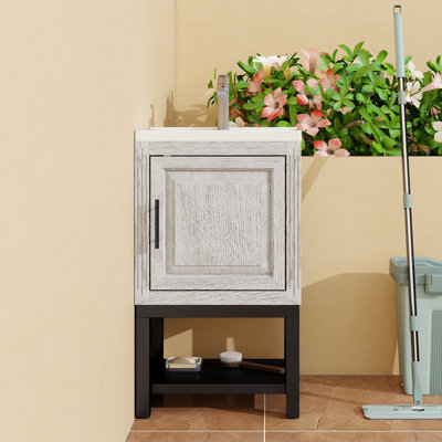 Armoire de salle de bain autoportante de 20 pouces avec lavabo en céramique blanche, robinet en aluminium texturé, 1 porte et tablettes creuses, meuble-lavabo avec cadre de rangement oxydé et tablette ouverte en fer,
