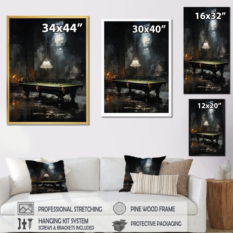 Art sur toile Billard, Cadre flottant noir, H 32 po x l 16 po x P 1 po