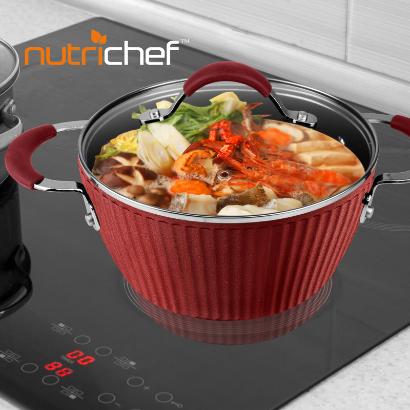 Red Lacquered Aluminum Cooking Pot with Glass Lid, 2.1 Quart