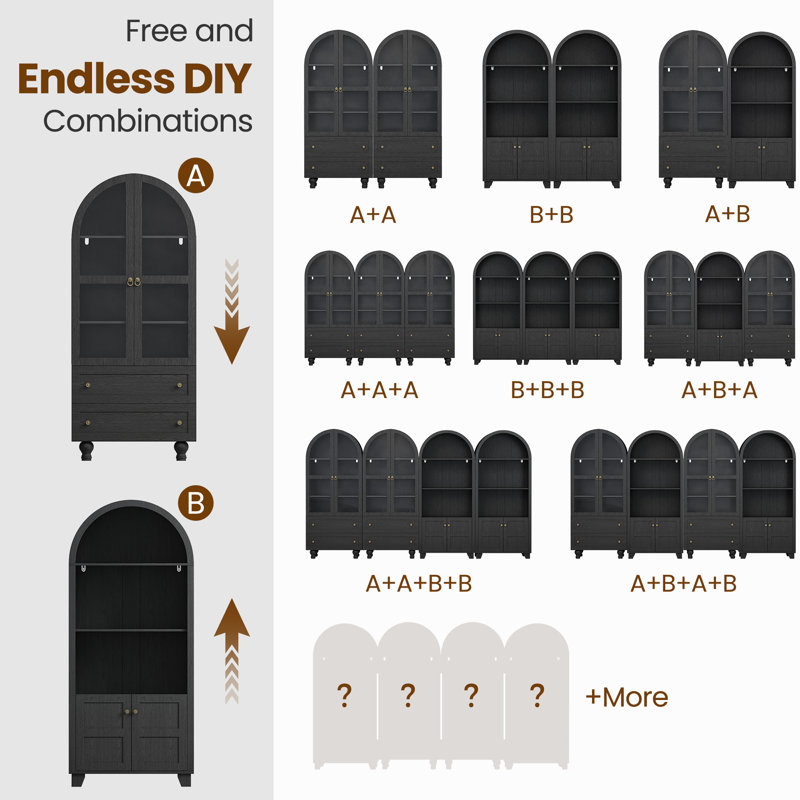 Garde-manger de 71 po de hauteur avec bibliothèques, armoire de rangement avec portes en verre, tiroir et comptoirs spacieux
