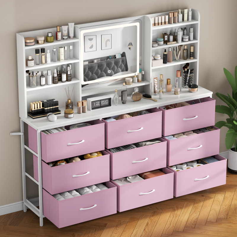 Bureau de coiffeuse 59 "avec miroir et lumières DEL réglables, table de maquillage avec 9 grands tiroirs en tissu, Rose/Blanc