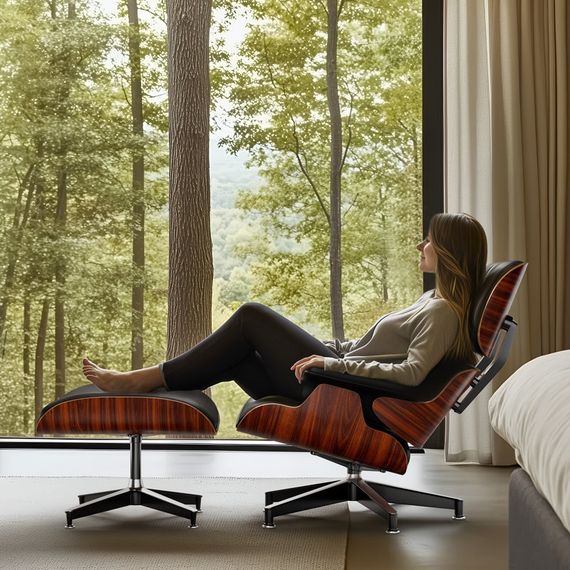 Swivel Accent Chair With Ottoman Lounge Chair, Dark Walnut/Black, 34'' H X 31.5'' W X 34.25'' D