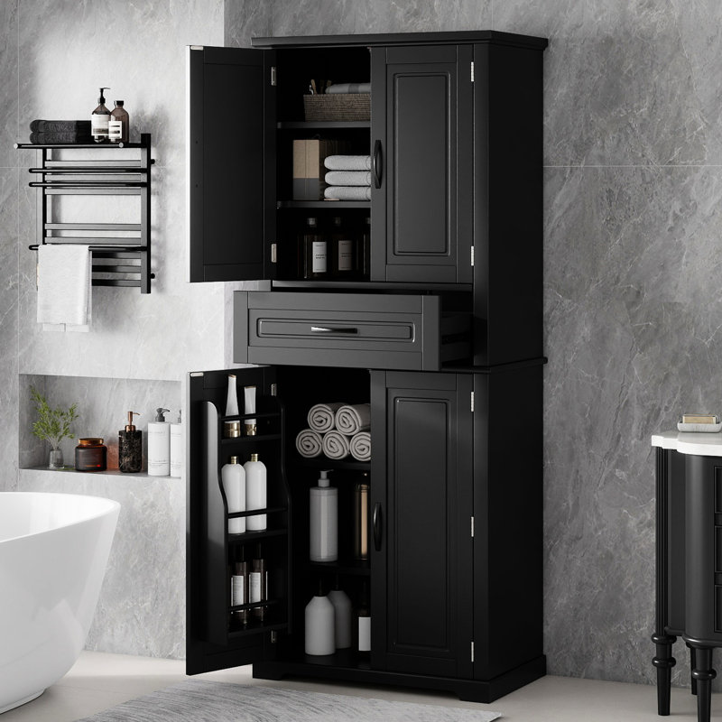 Bathroom Black Storage Cabinet With Adjustable Shelf, Drawer, And - Tipping, Painted Finish