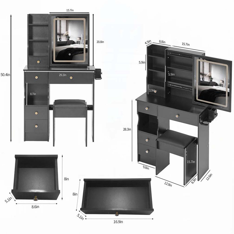 Petit meuble-lavabo de 29,2 po avec tiroir à gauche + tabouret rembourré, 2 blocs d'alimentation CA + 2 ports USB, support pour séchoir à cheveux, très grand miroir à DEL coulissant à contrôle tactile, changement de luminosité tricolore, réglage de la luminosité