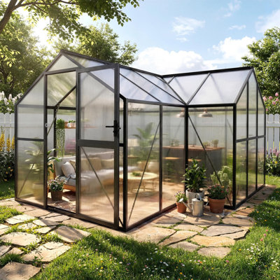 12x12 FT T-Shaped Walk-in Greenhouse, Aluminum Frame Polycarbonate Hothouse with Roof Vent, UV Protected Outdoor Plant Shelter for Backyard