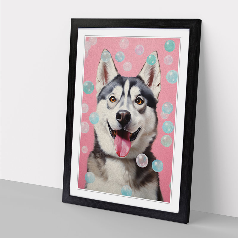 Husky Bubble Gum - Single Picture Frame Print on Wood, 46cm H x 34cm W x 2cm D, Black