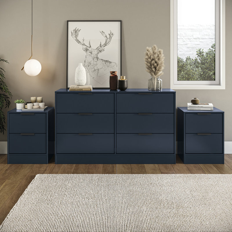 Maiesha 3-Piece Modern Bedroom Furniture Set With 6-Drawer Dresser And 2 Nightstands, Blue