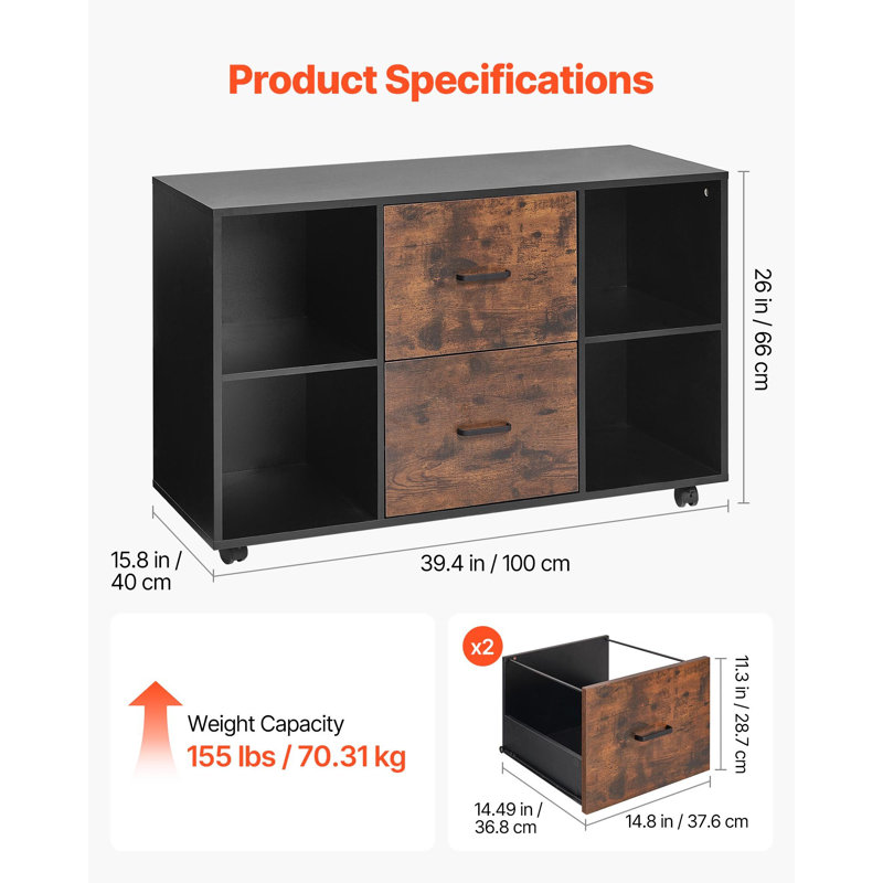 Classeur à 2 tiroirs en bois, classeur mobile avec tablettes ouvertes, rangement latéral à roulettes avec roues verrouillables, support pour imprimante autoportant moderne pour la maison, le bureau, l'école, noir