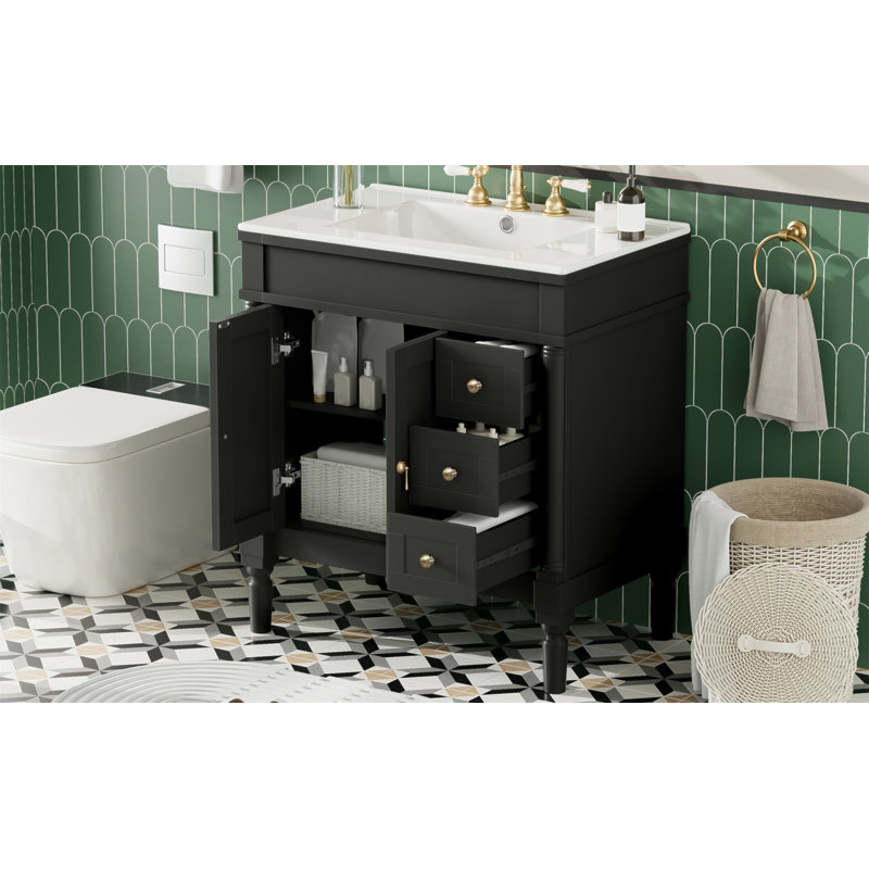 Meuble-lavabo moderne de 30 pouces, structure en bois massif et panneau de fibres à densité moyenne, 2 portes et 3 tiroirs, conception à fermeture en douceur, tablette ajustable en forme de U, lavabo en céramique, ensemble d'armoires de rangement pour salle de bain, conception moderne et élégante