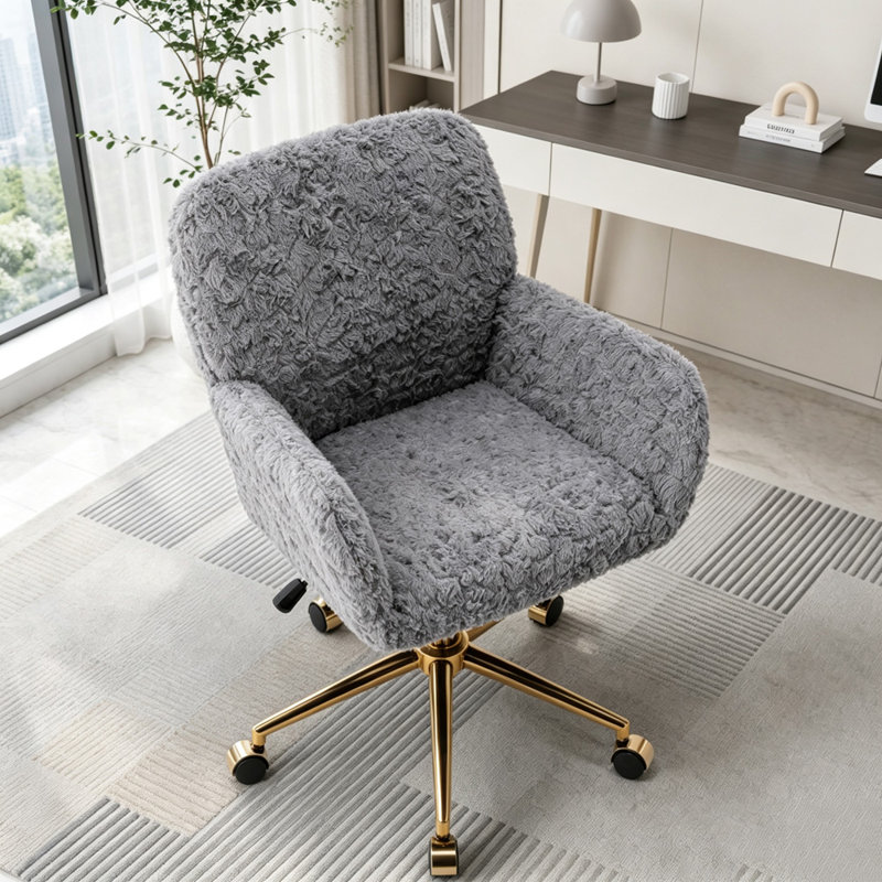 Chaise de bureau pivotante en faux alpaga et base dorée, Grey