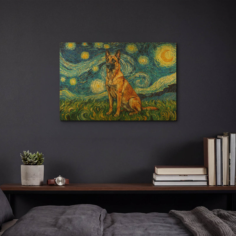 «Belge Malinois Starry Night» par Rich Monet, art mural en métal doré, 16 po x 12 po, 16"x12"