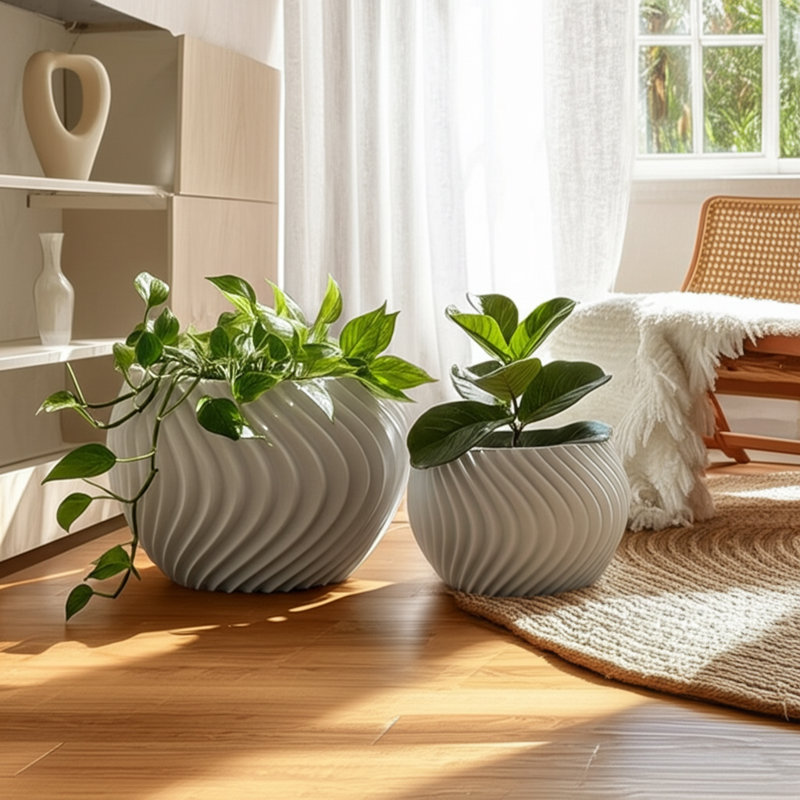 Polyresin Planters With Twisted Design And Sculptural Detailing, Set Of 2, White