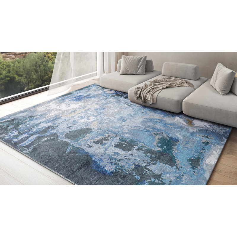 Cosmo Rectangle Abstract Hand-Knotted Area Rug in Blue/Silver/Dark Gray, Rectangle 10' x 14'