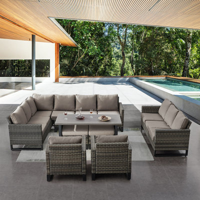 Ingvald Wicker 11 - Person Patio Conversation Set with Cushions