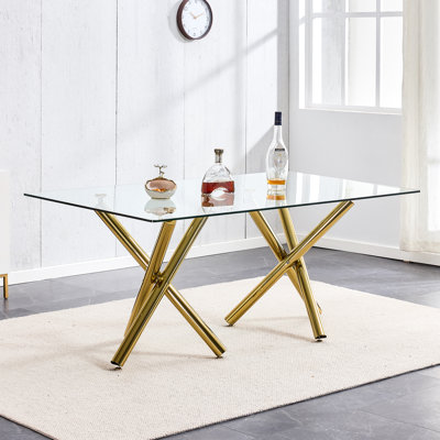 Ensemble de salle à manger 5 pièces en verre moderne, base en métal et chaises rembourrées