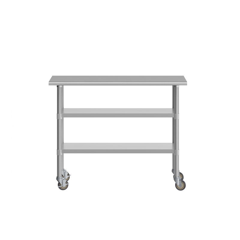 Table de travail commerciale en acier inoxydable avec deux tablettes et roulettes, H 34,5 po x L 48 po x l 24 po
