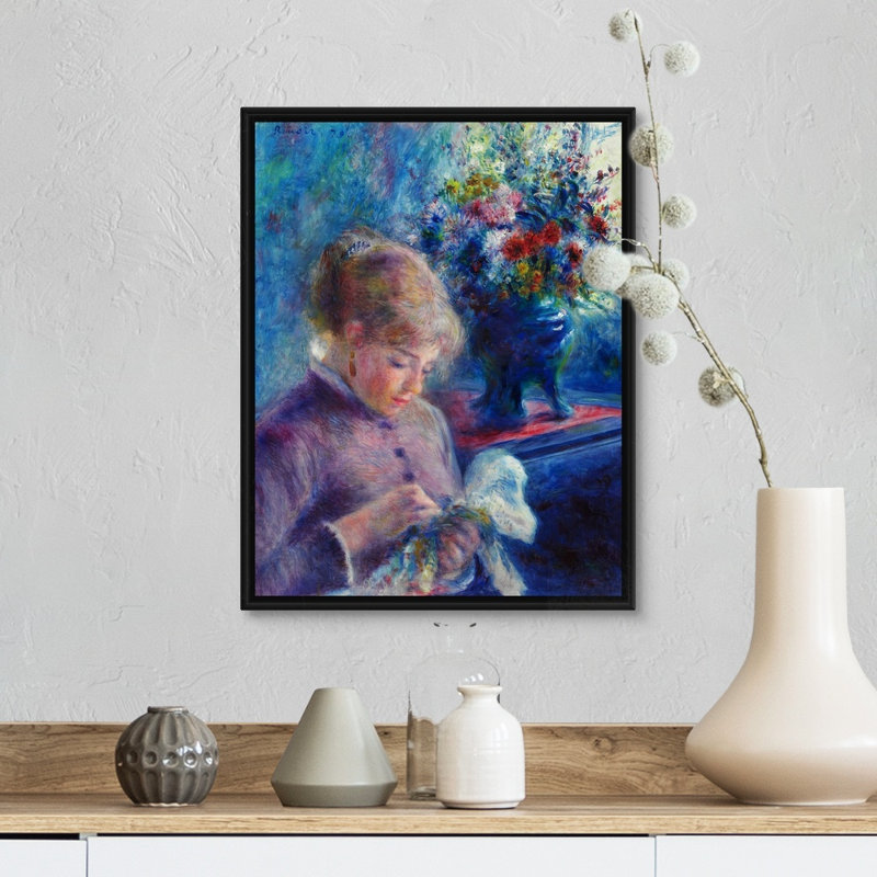 «Young Woman Sewing», reproduction sur toile, H 16 po x l 13 po x P 1,75 po, Cadre flottant noir