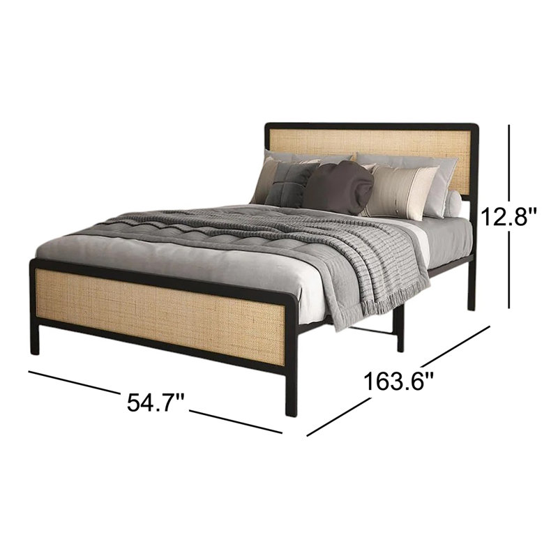 Queen Size Bed Frame With Rattan Headboard And Footboard Platform Bed Frame With Under Bed Storage&Safe Rounded Corners No Box Spring Needed Wood Slat Support Easy Assembly