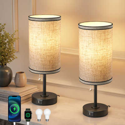 16.7" Modern Table Lamp Set with Pull-Chain Switch,USB C+A Charging Ports and Bulbs Included