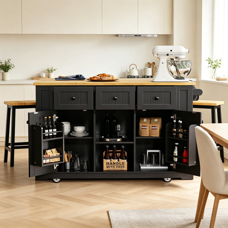 53Inch Large Kitchen Island With 2 Bar Stools, Power Outlet, And Ample Storage Solutions For Modern Kitchens And Dining Rooms