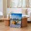 Toile, scène de plage sereine avec deux chameaux reposant sur un art mural doux, sable blanc sous un ciel bleu éclatant, art mural sur toile éparpillée-254640643