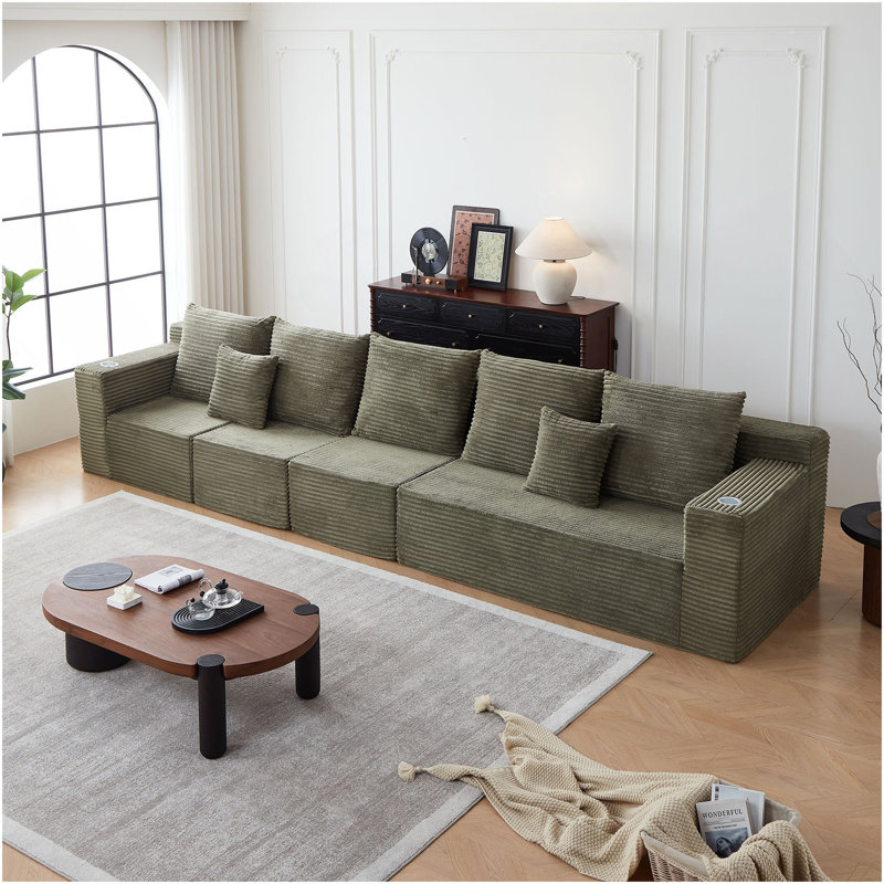 Canapé modulaire profond en velours côtelé avec porte-gobelets, aucun assemblage requis, H 30 po x l 165 po x P 40,5 po, 4