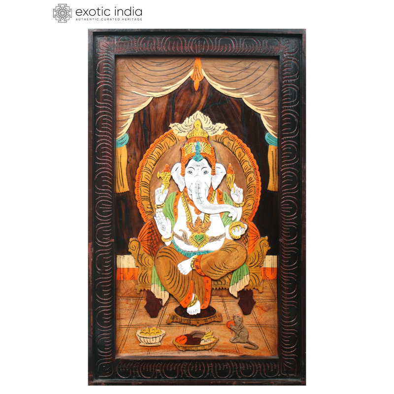 Peinture sur bois en bois avec incrustations de 30 po de couleur naturelle sur bois lord Ganapati 30 po - Art mural traditionnel indien spirituel