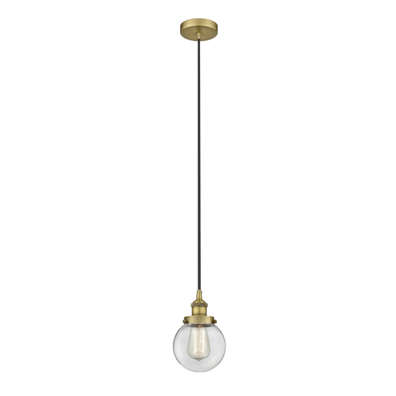 Luminaire suspendu simple à 1 lumière Frederick, H 9,5 po x l 6 po x P 6 po, Transparent, Laiton brossé