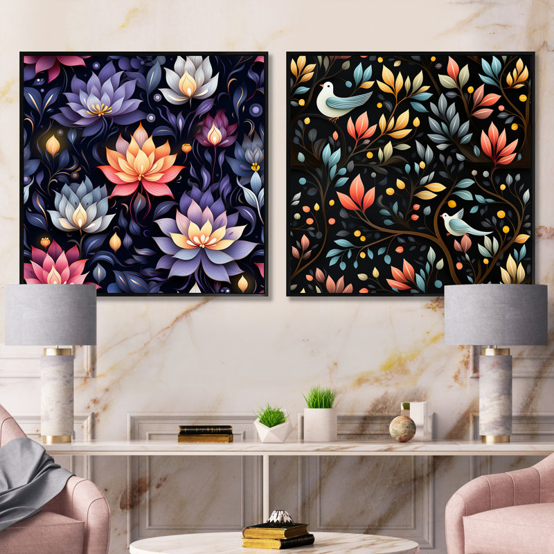 Privette - Ensemble de 2 collages carrés botaniques abstraits, Cadre flottant noir, H 16 po x l 33 po