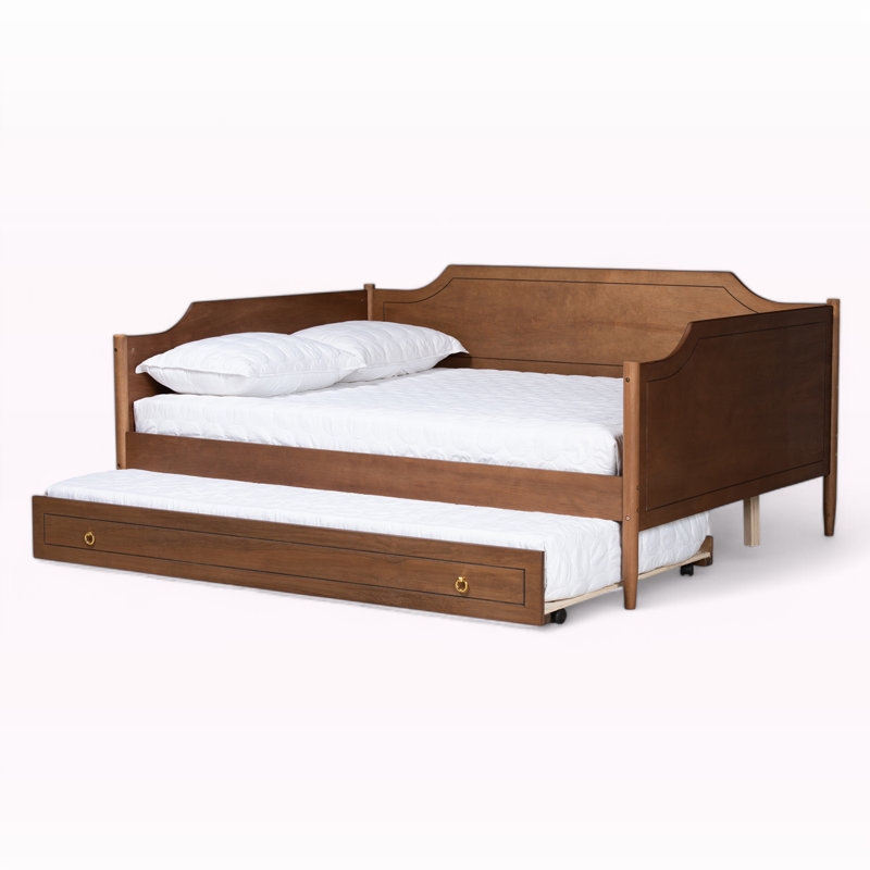 Lit de jour avec couchette en bois massif, Lit double, Brun