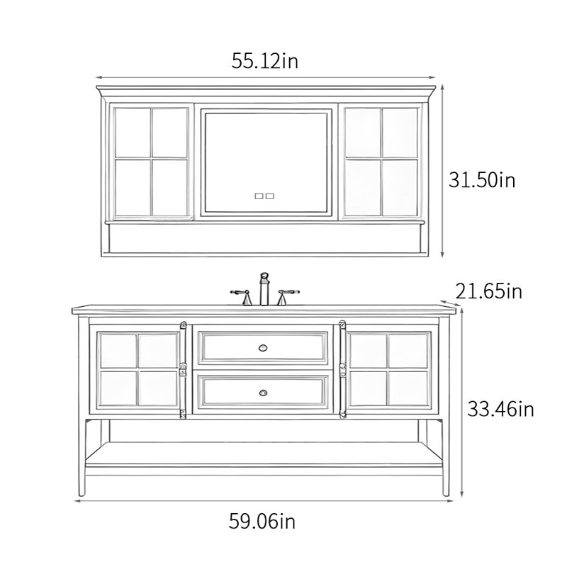 Armoire de salle de bain sur pied de style français, Blanc cassé, H 33,46 po x l 59,06 po x P 21,65 po