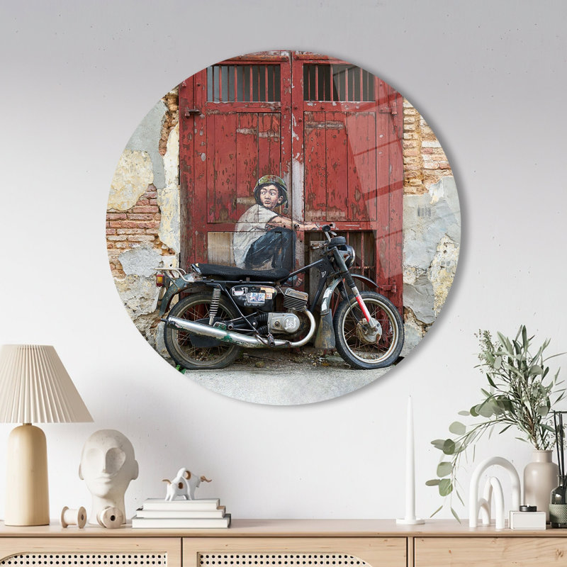 Artistic Glass Display Featuring Abstract Depiction of Children On Bicycles for Unique Home Decor, 31.5" H x 31.5" W