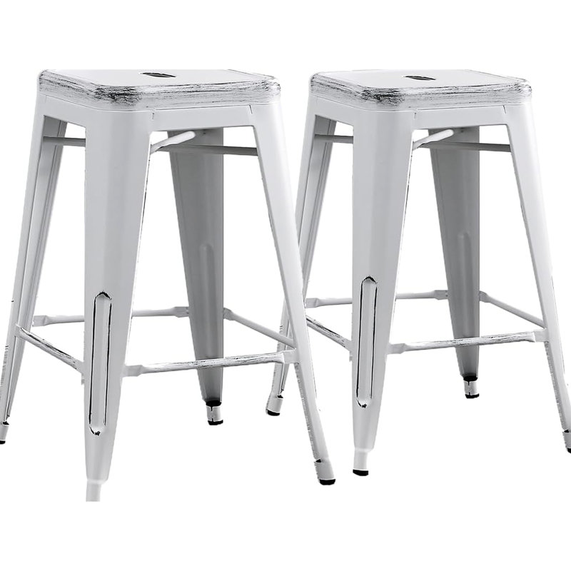 Tabourets de bar industriels et contemporains sans dossier en métal de 2 places, siège de 24 po, de couleur blanche vieillie, empilable, structure solide, conception intérieure et extérieure légère et rustique, quatre pieds avec coussinets en caoutchouc, X renforcé
