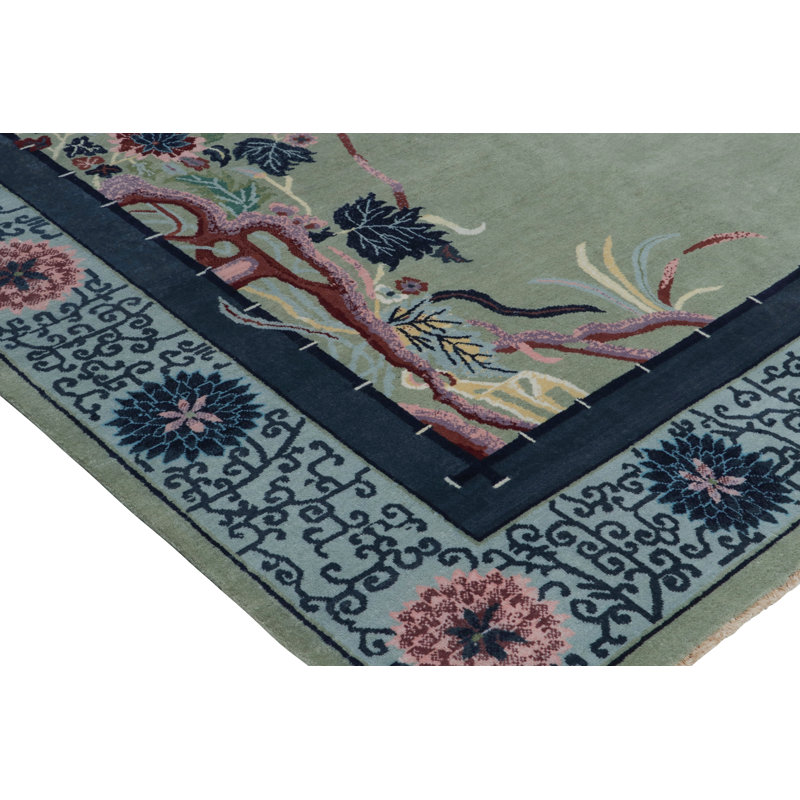 Rug & Kilim’S Chinese Art Deco Rug In Green With Blue Floral Patterns, Rectangle 6' x 9'