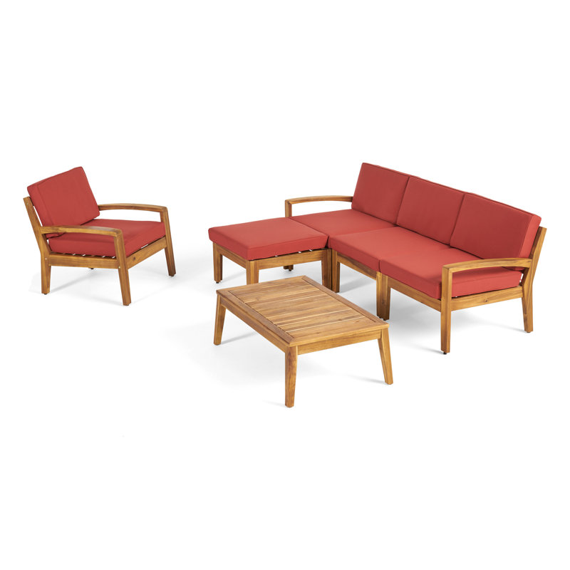 Ensemble de conversation modulaire avec coussins 6 pièces Sait, Structure en teck / coussin rouge