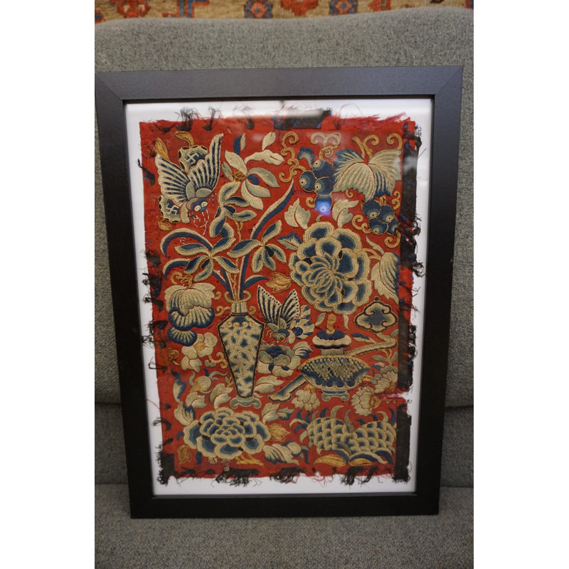 Antique Floral Chinese Small Size Wool & Silk Coral Color Framed Textile