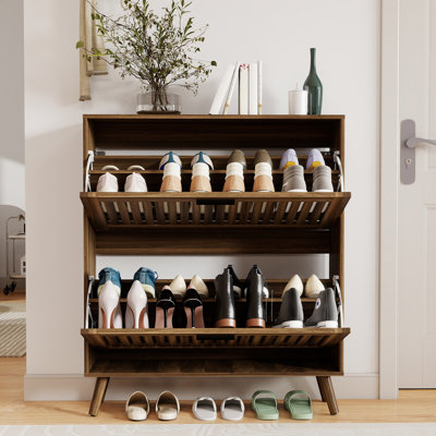 Armoire à chaussures en noyer avec 2 tiroirs rabattables, rangement pour chaussures de vestibule moderne