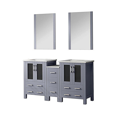 Meuble-lavabo double avec armoire latérale, comptoir en céramique blanche et miroir