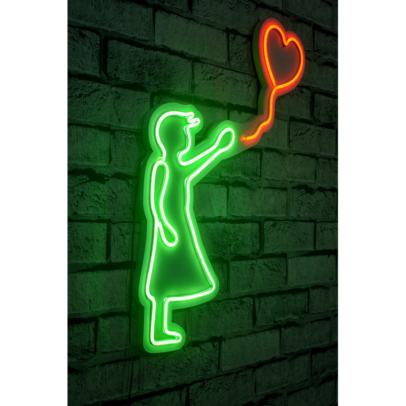 Enseigne néon 22 po Banksy avec ballon Jahaun, Vert/rouge