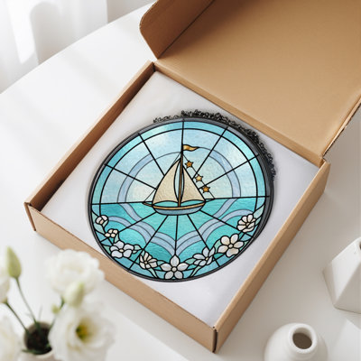 Sailboat Stars Stained Glass Window Panel，7.8H