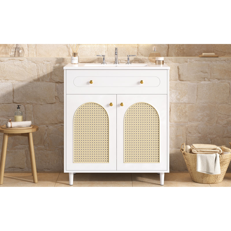 Meuble-lavabo de 76 cm avec lavabo en céramique, structure en bois massif, tablette réglable et panneaux avant pour un rangement moderne et polyvalent.