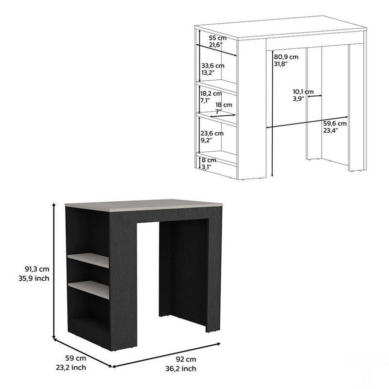 Îlot de cuisine, table de bar de cuisine H 36 po, avec 3 tablettes latérales, Plateau blanc / base noire