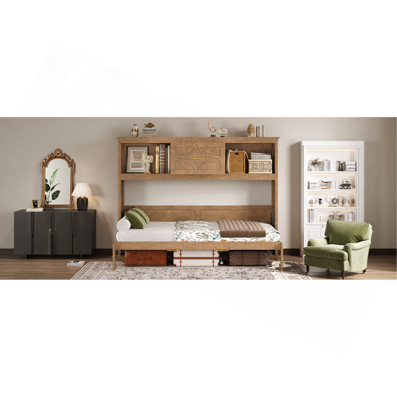 Lit escamotable simple avec station de charge et tiroir, Bois