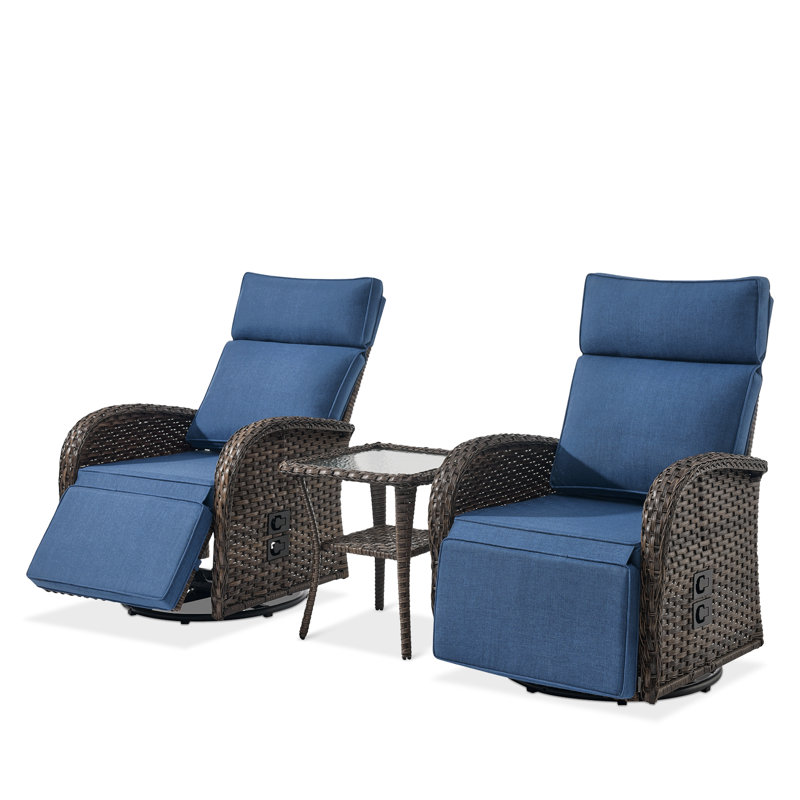 Serita Outdoor All-Weather PE Wicker Adjustable Reclining Lounge Chair With Cushions, Swivel Recliner Chair, Blue, Brown