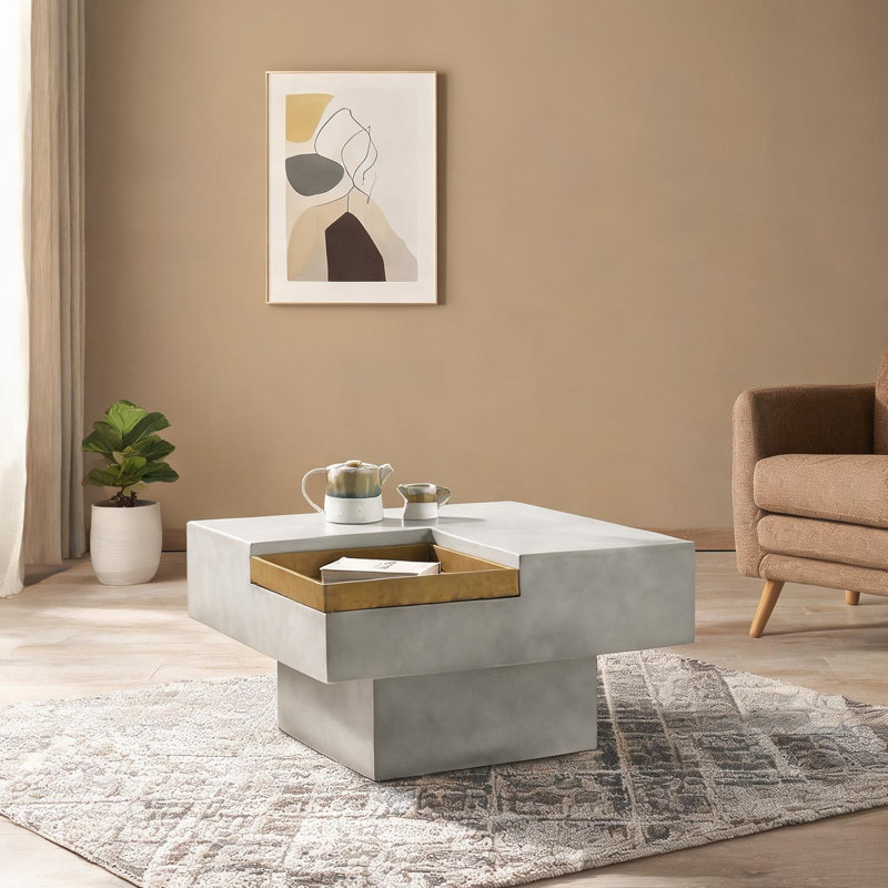 Table basse carrée en ciment avec plateau amovible, base piédestal gris ardoise, pour le salon